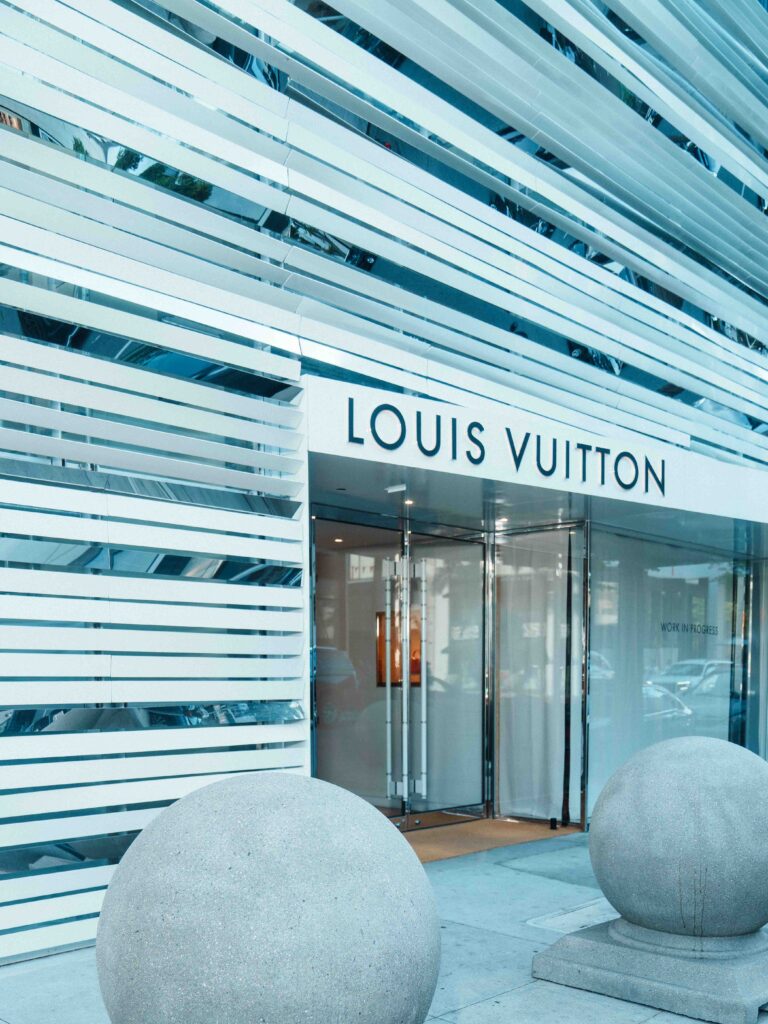 Louis Vuitton flagship store entrance on Rodeo Drive Beverly Hills at 295 N Rodeo Drive architectural exterior photographed by Johnny Hann